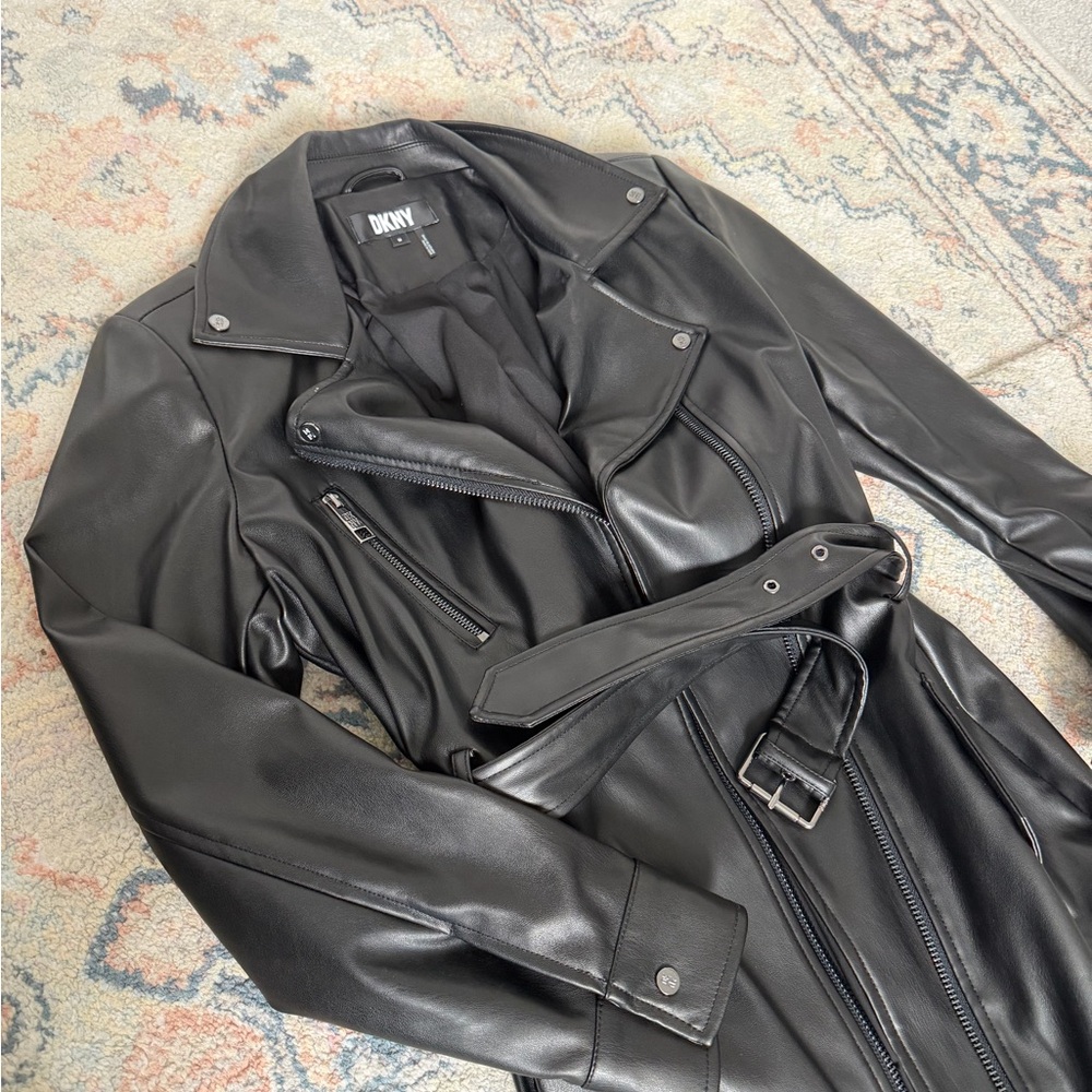 DKNY Black Faux Leather Belted Moto Trench Coat
